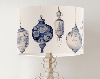 Chinoiserie-lampenkap, blauw-witte lantaarnprint, handgemaakte trommelkap