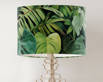 Green Palm Leaf tropical lampshade, large drum printed botanical decor lampshade with lush monstera leaves, jungle decor lampshade ALTAMIRA