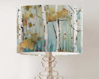 Birch Trees Woodland drum lampshade, Nordic Forest, Scandic Cabin Decor, printed fabric table lamp shade, handmade scandanavian earth tones