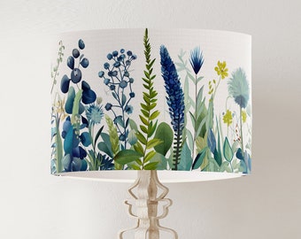 Blue and Green Modern Scandi Wildflower Grass drum lampshade, printed floral lampshade Scandinavian style botanical lamp shade STORSJON