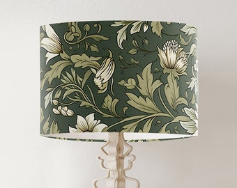 Dark Olive Floral Drum Lampshade, Boho Handmade Printed Fabric