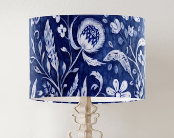 Navy Blue and White Floral Lamp shade, Boho Style Handmade Printed fabric drum lampshade for table lamp or pendant fitting CORDELIA