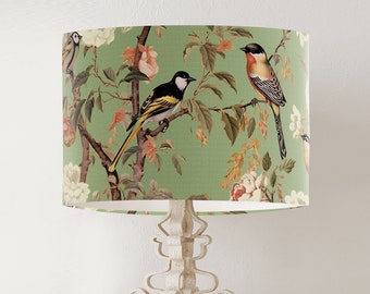 Pale green garden bird lampshade, handmade printed drum lamp shade, large fabric spring decor lampshade, country home decor