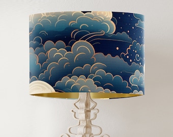 Dark Blue, Cream Gold Lampshade, Cloud design for bedroom decor, printed drum lamp shade large oriental style asian decor ORIENTALSKYSCAPE