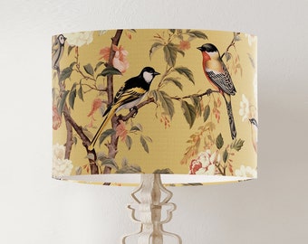 Vintage style Pale yellow / lemon garden bird floral lampshade, handmade printed drum lamp shade, large fabric country home spring decor