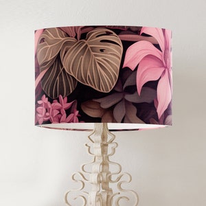 Tropical themed lampshade in shades of pink and taupe, colourful floral lamp shade, handmade fabric drum shade, best seller JUNGLE BLUSH