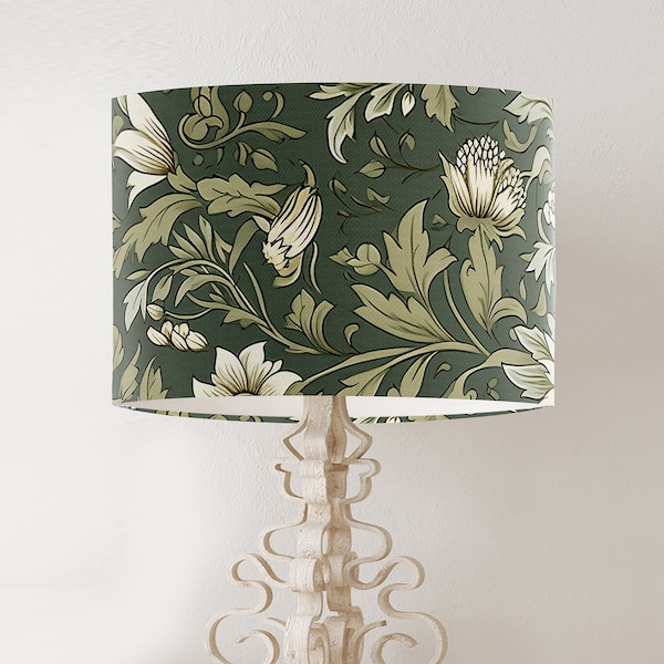 Abat-jour floral vert olive foncé, abat-jour tambour en tissu imprimé fait main de style bohème pour lampe de table ou suspension LYSANDRA