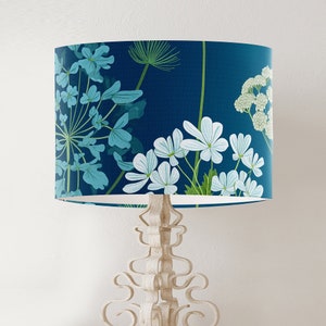 Navy Blue Floral drum lampshade, printed fabric table lampshade, large handmade botanical lampshade spring bedroom, blue & green COWPARSLEY