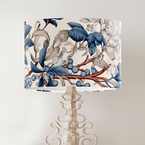 William Morris Style Beautiful Floral Lamp shade in blue white taupe, Handmade Printed fabric drum lampshade for table or pendant