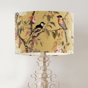 Vintage style Pale yellow / lemon garden bird floral lampshade, handmade printed drum lamp shade, large fabric country home spring decor