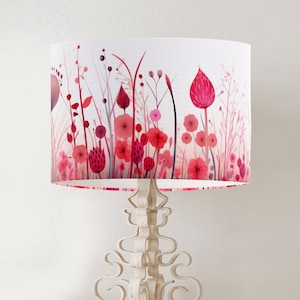 Scandinavian Style Deep pink red and white floral drum lamp shade, colorful printed fabric table lampshade, handmade botanical scandi summer