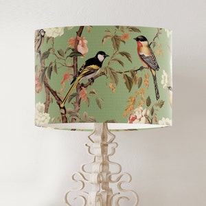 Pale green garden bird lampshade, handmade printed drum lamp shade, large fabric spring decor lampshade, country home decor
