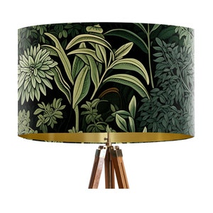 Tropical themed lampshade in shades of green on a dark background, palm leaves handmade fabric drum shade, best seller JUNGLE FEVER