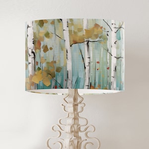 Birch Trees Woodland drum lampshade, Nordic Forest, Scandic Cabin Decor, printed fabric table lamp shade, handmade scandanavian earth tones