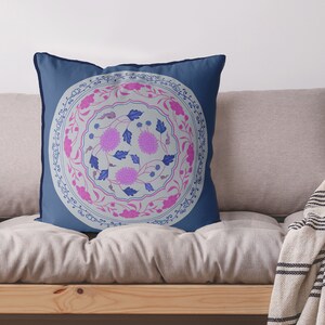 Chinoiserie pillow covers, Chrysanth Trio on Pink, blue and pink chinoiserie cushion cover, designer 18x18 24x24 High end Modern Chinoiserie