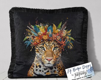 Leopard Feather Crown Velvet Pillow Cover, Fringed Cushion, Maximalist Decor