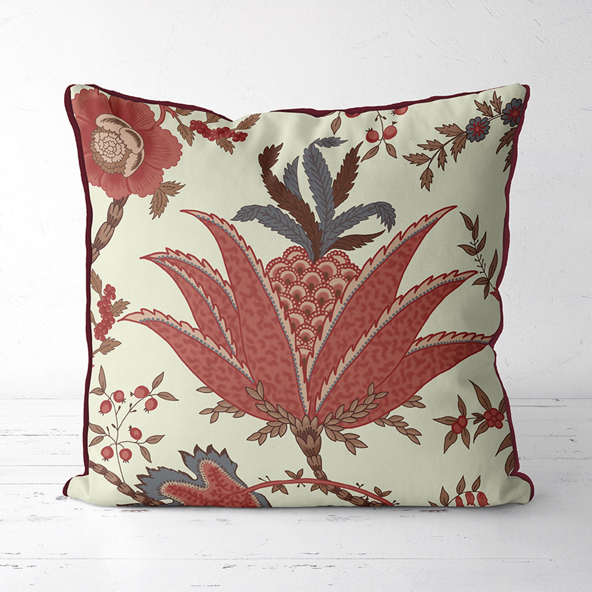 Red flower pillow covers red and cream cushions jacobean Etsy