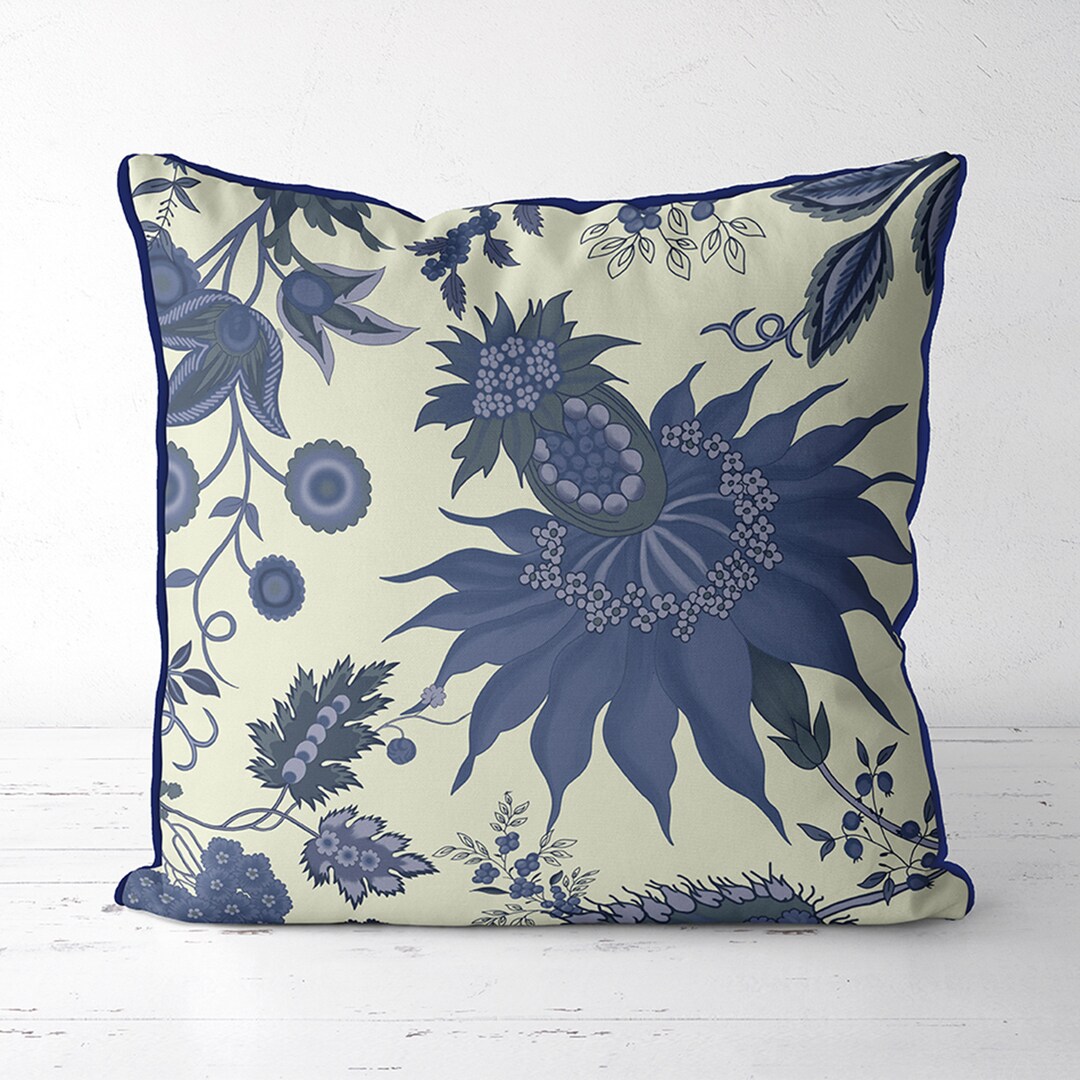 Jacobean Floral Style, Hamptons Style Pillows Blue and White Pillow