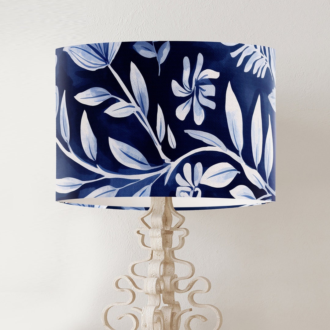 Modern Navy Blue and White Floral Lamp Shade, Boho Style Handmade