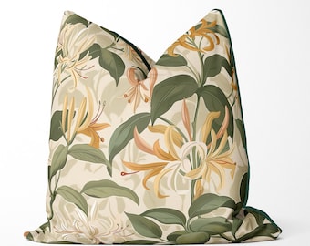 Honeysuckle floral print throw pillow cover, handmade cushion, print on both sides, high end designer piped throw pillow, cream pale lemon