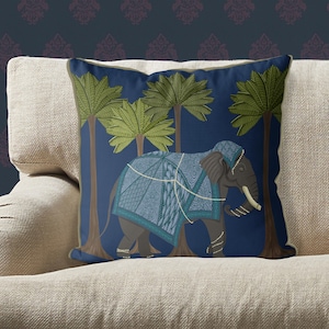 Elephant Pillow Cover, blue tropical pillow, designer pillow cover, tropical sofa pillow beach house throw pillows UK shop ELEPHANT in PALMS