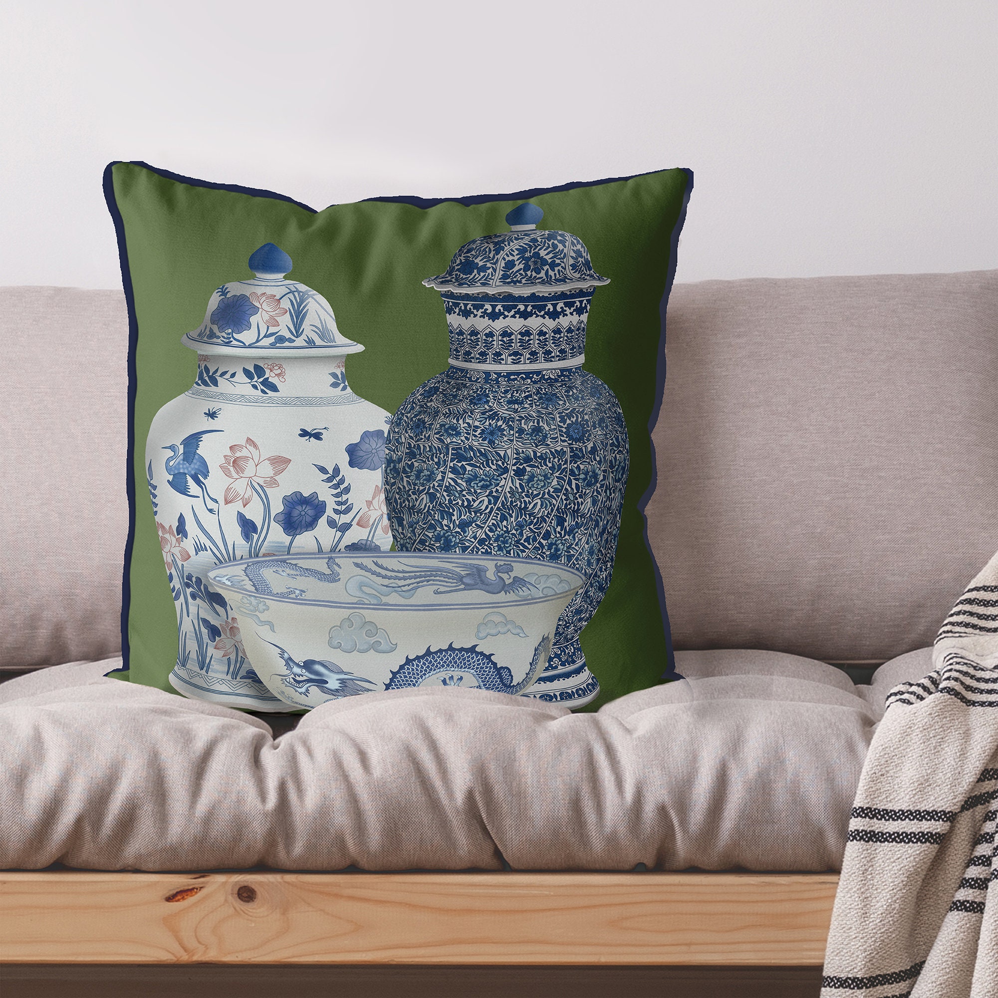 Housse De Coussin Chinoiserie Canapé Vert, Vases Bleus Et Blancs