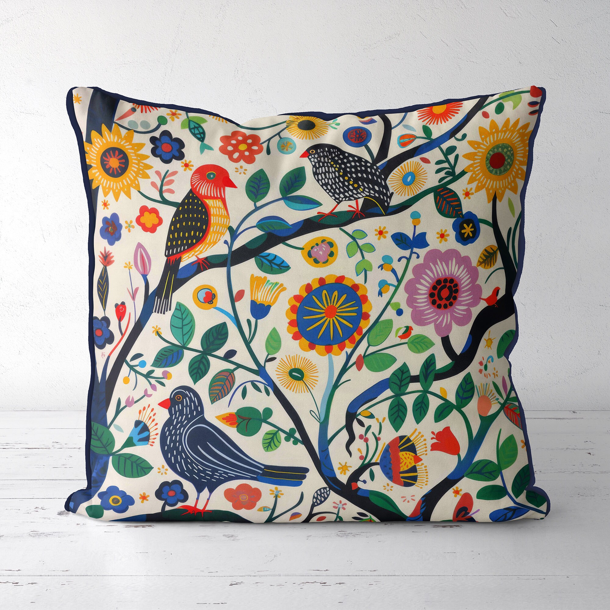 Birds & Flowers Linen Throw Pillow Cover - 12x20 Inch Farmhouse Decor For Sofa