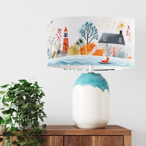 Modern Colourful Coastal Village Design Drum Lampshade, Printed ...