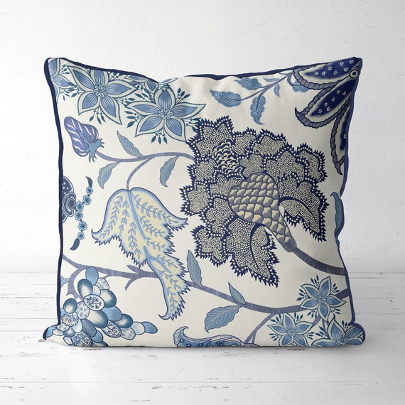 Blue and White Designer Pillow Cover, Jacobean Floral Style, Toss Pillow, Throw  Pillow Eurosham Accent Cushion Sofa Pillows 18x18 ZULA 