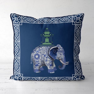 Modern Chinoiserie pillow covers, Elephant and Pagoda Cushion cover on blue, available as single cover or as a pair, elephant cushion covers