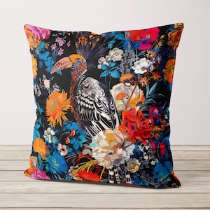 Tropical bird print design on Luxury Velvet Pillow Cover, Handmade in the UK, high end designer, colorful exotic bird print on both sides