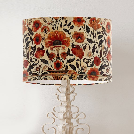 William Morris Style Lampshade, Terracotta Floral Drum Shade