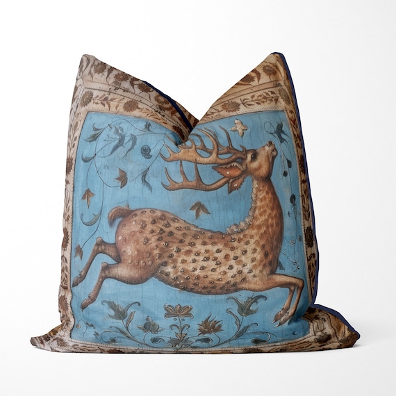 Medieval folk style stag print throw pillow cover, handmade print both sides, woodland wildlife, designer accent, blue brown deer cushion