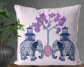 Chinoiserie Elefant Kissenbezug, Rosa & Blaues asiatisches Kissen