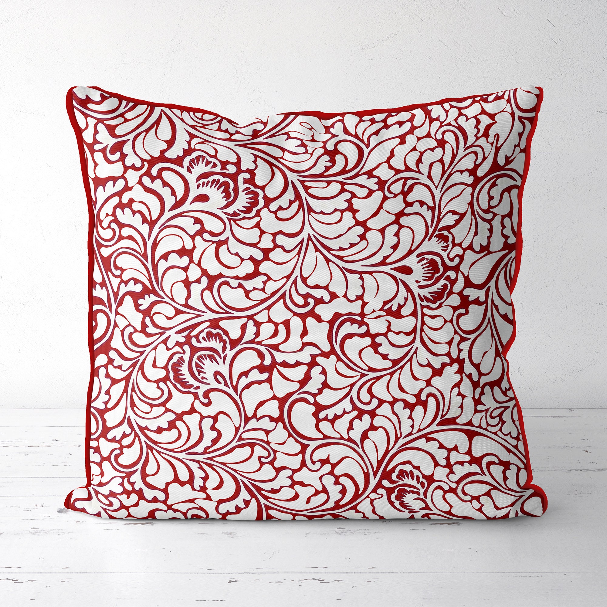 Designer Pillow Cover, Red and White Chinoiserie Cushion