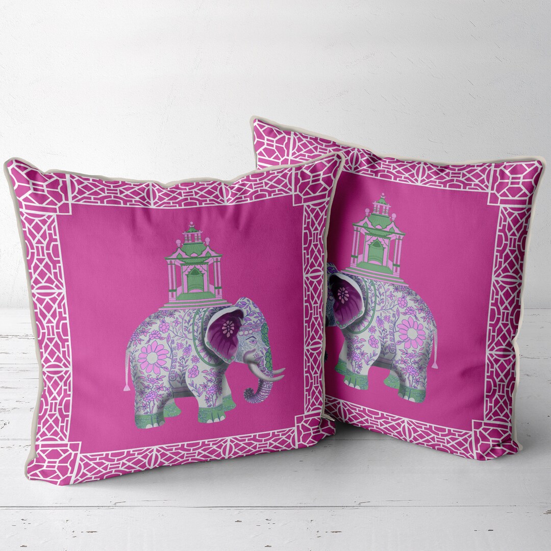 Pair of Chinoiserie Pillow Covers, Elephant & Pagoda Covers on Pink