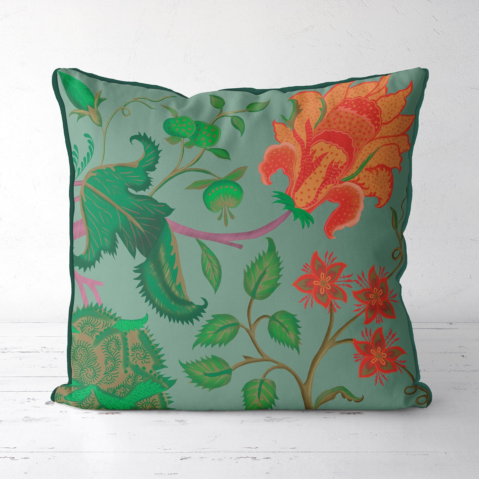 Green and Orange Floral Pillow Covers Green Throw Pillow Etsy