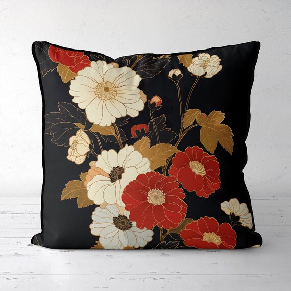 黒地に白赤金色の花、和風花柄クッションカバー、シノワズリデザイナー