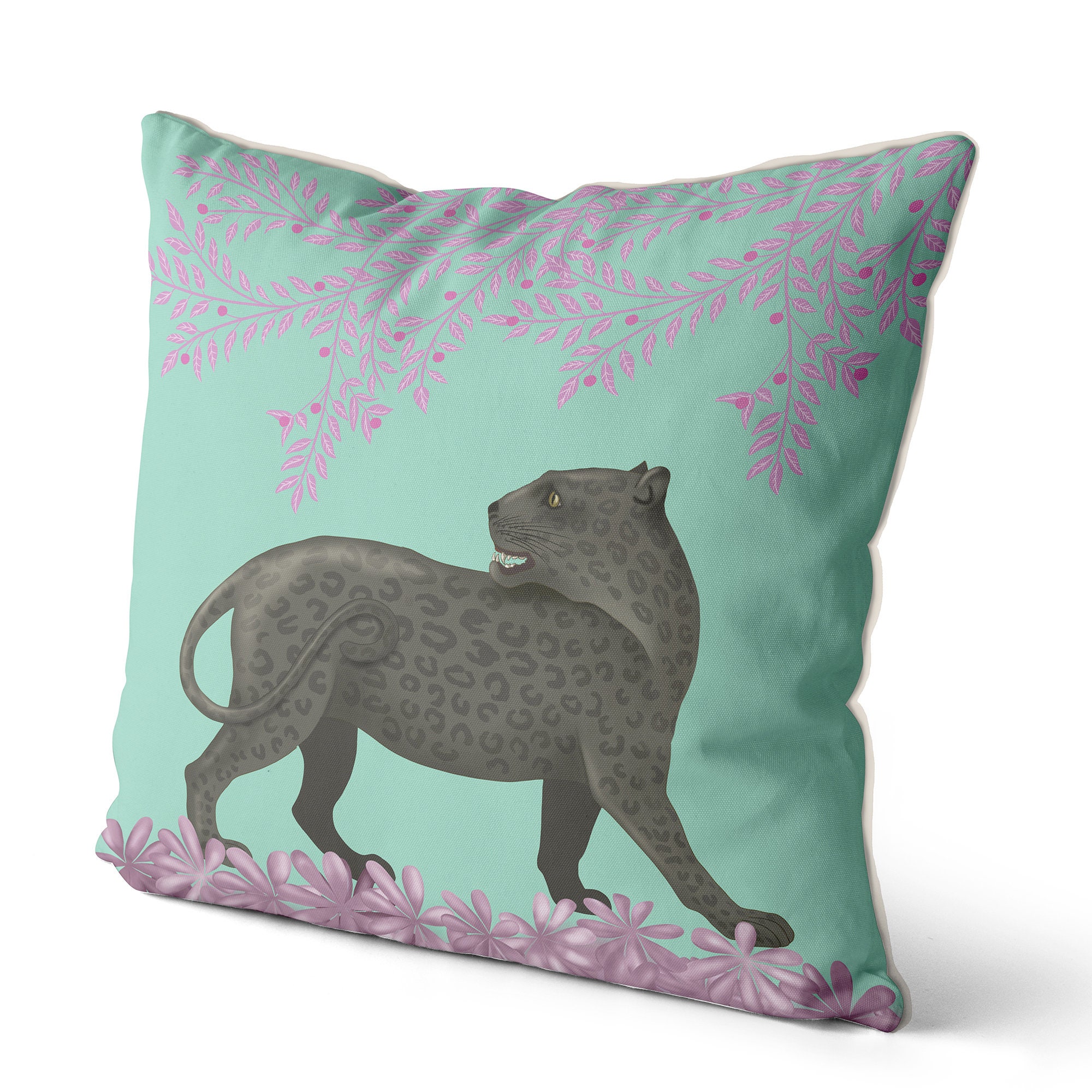 Panther Pillow Cover Mint and pink tropical Designer pillow Etsy