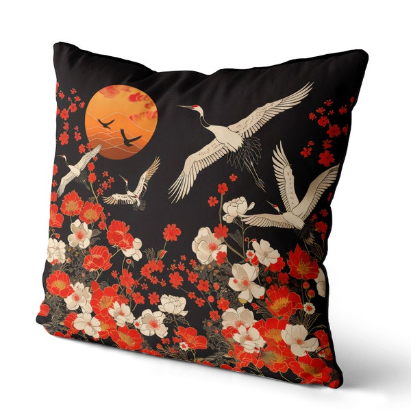 Crane Birds Pillow Cover, Handmade Decorative Designer Throw Cushion Cover, Print both sides, Oriental Japanese style crane print, red black