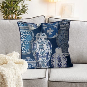 Chinoiserie pillow cover - Vase Collage 2 on Blue - Blue and white Hamptons style sofa pillow Oriental cushion cover Chinese couch pillow