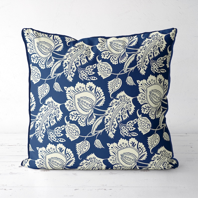 Hamptons style throw pillow Blue and cream Chinoiserie cushion Etsy