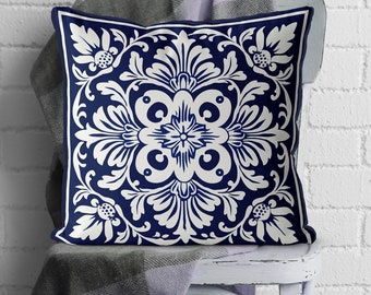 Navy Blau Floral Leinen Kissenbezug, Hampton's Style