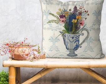 Chinoiserie pillow covers, Chinese Jug with Wildflowers, spring floral cushion cover, Handmade in the UK, spring decor idea