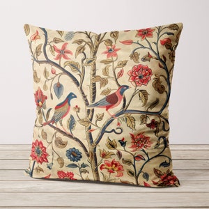 Medieval Folk Style Floral Tree with birds, Luxury Velvet Pillow Cover, Handmade in the UK, high end designer, print on both sides, woodland