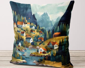 Imprimé village de style scandinave sur une housse de coussin en velours de luxe, fait main, impression des deux côtés, housse de coussin vue montagne