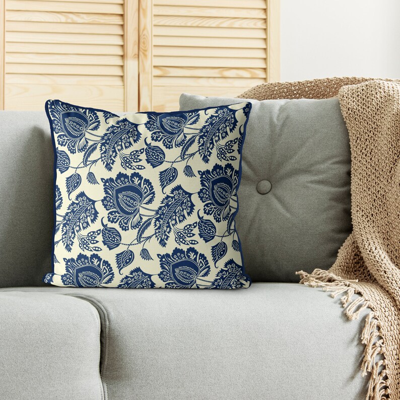 Hamptons style throw pillow Blue and cream Chinoiserie cushion Etsy