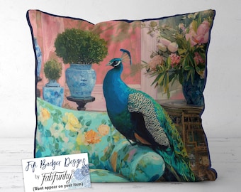 Peacock Chinoiserie Pillow Cover – Grandmillennial Floral Cushion – Preppy Maximalist Palm Beach Style Home Decor