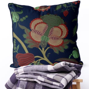 Navy Blue floral pillow cover, Blue jacobean style couch pillow, Blue euro sham, sofa pillow Blue and green throw cushion covers UK FELICITY