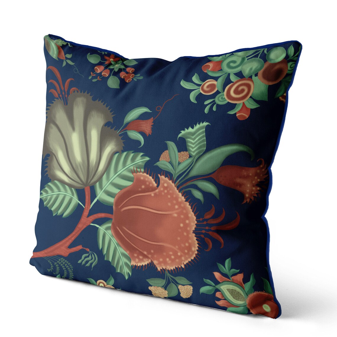 Navy Blue Floral Pillow Cover Orange Floral Cushion Cover Etsy